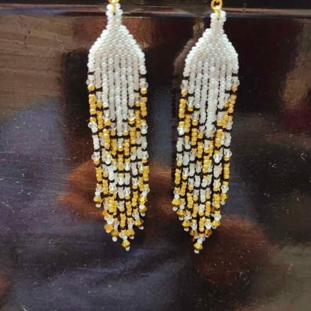 White & Gold Fringe Earrings